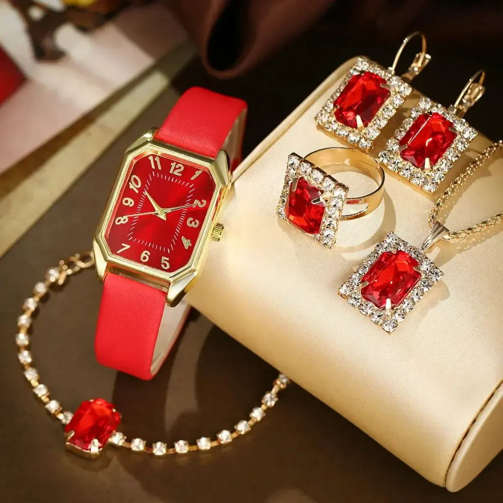 Luxury Fashion Square Women's Quartz Watch & Jewelry Set - 6pcs