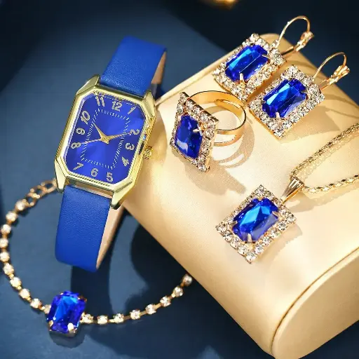 Luxury Fashion Square Women's Quartz Watch & Jewelry Set - 6pcs